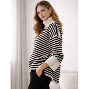 H&M Premium Wool Blend Striped Turtleneck Sweater Black Cream XS French Coastal